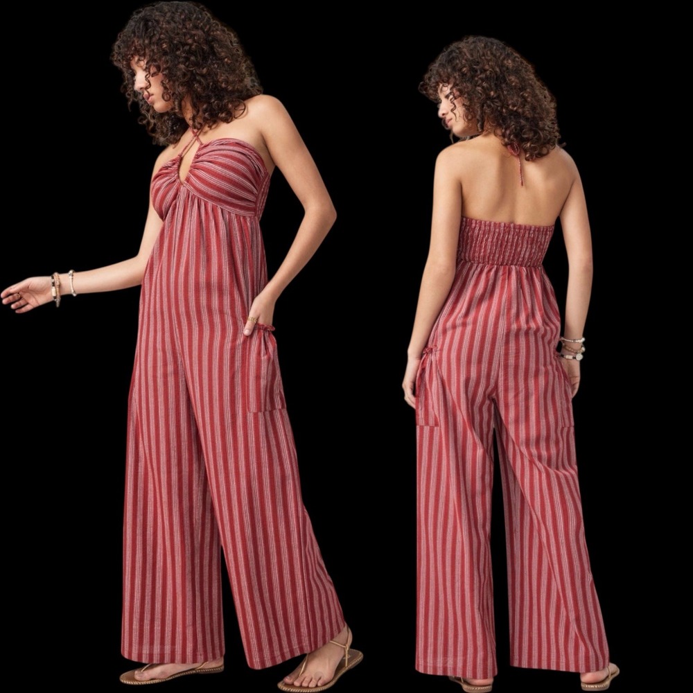 CIDER Red White Stripe Halter Wide Leg Linen Blend Jumpsuit NEW 3X‎ #558